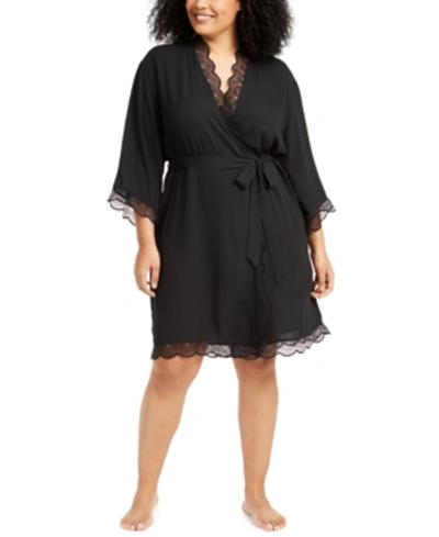 Inc International Concepts Plus Size Lace-trim Chiffon Wrap Robe, Created For Macy's In Deep Black