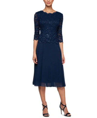 Alex Evenings T-length Lace And Chiffon Mock Two Piece Dress In Navy