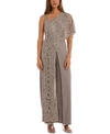 R & M Richards One-shoulder Lace Jumpsuit In Mocha