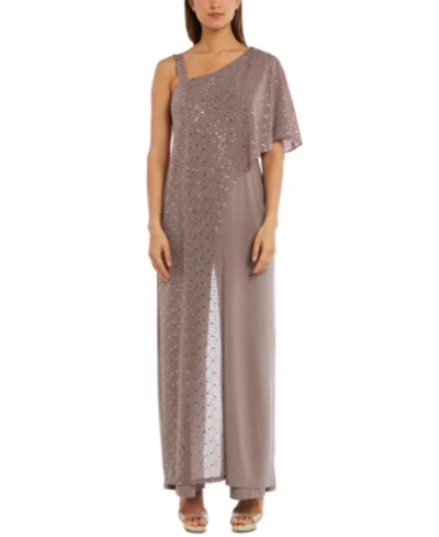 R & M Richards One-shoulder Metallic Jumpsuit In Mocha Brown