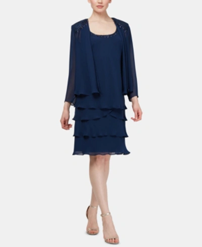Sl Fashions Petite Long Sleeve Two-piece Jacket Dress In Blue