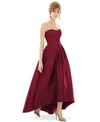 Alfred Sung Strapless Satin High Low Dress With Pockets In Burgundy Red