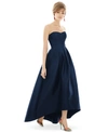 Alfred Sung Strapless Satin High Low Dress With Pockets In Midnight Blue