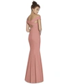 Dessy Collection Off-the-shoulder Short-sleeve Column Gown W/ Slit In Desert Rose Pink