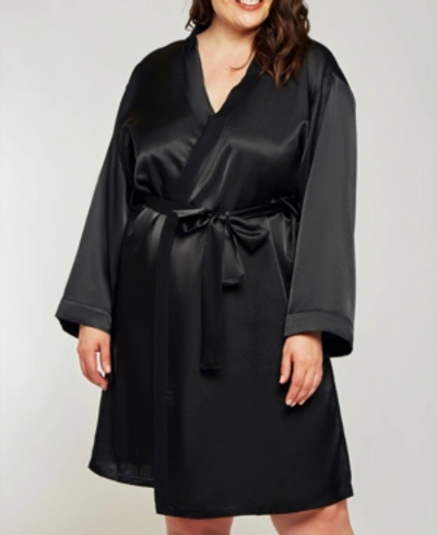 Icollection Plus Size Marina Lux Satin Robe Lingerie In Black