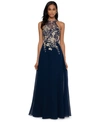 Betsy & Adam Petite Sleeveless Floral-applique Illusion Gown In Navy/gold Floral