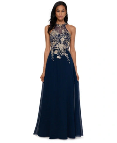 Betsy & Adam Petite Sleeveless Floral-applique Illusion Gown In Navy,gold Floral