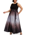 Sl Fashions Three-quarter Sleeve Jersey Bodice Ombré Satin A-line Gown In Black Silver