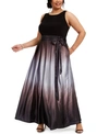 Sl Fashions Three-quarter Sleeve Jersey Bodice Ombré Satin A-line Gown In Black/silver