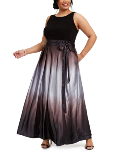 Sl Fashions Three-quarter Sleeve Jersey Bodice Ombré Satin A-line Gown In Black Silver