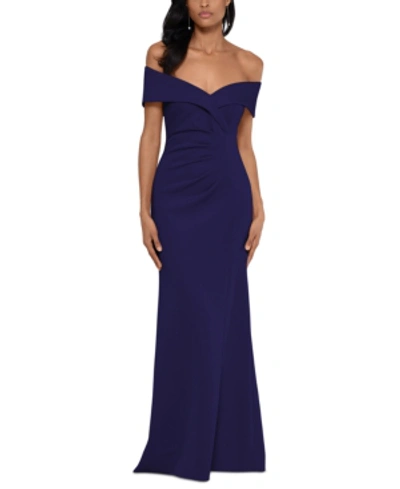 Xscape Off-the-shoulder Ruched Gown In Navy Blue