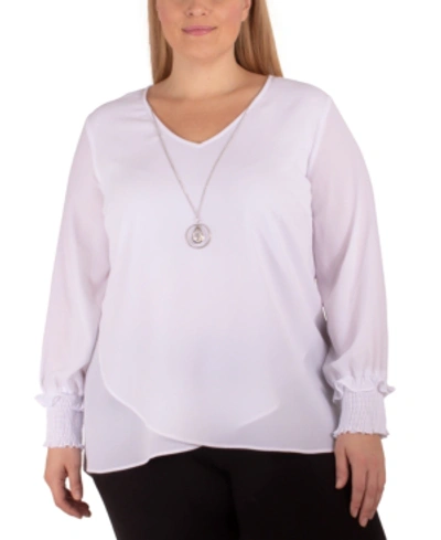 Ny Collection Plus Size Long Sleeve Overlapping Crepe Top With Necklace In White