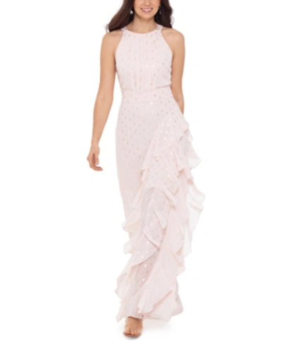 Betsy & Adam Chiffon Foil-dot Gown In Blush Pink/gold