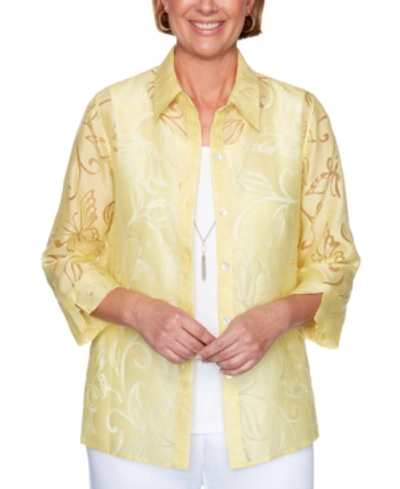 Alfred Dunner Women's Missy Spring Lake Butterfly Burnout Two For One Shirt In Lemon