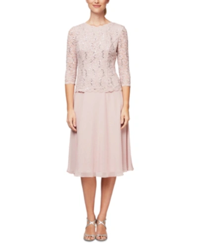 Alex Evenings Sequined Lace Contrast Dress In Shell Pink