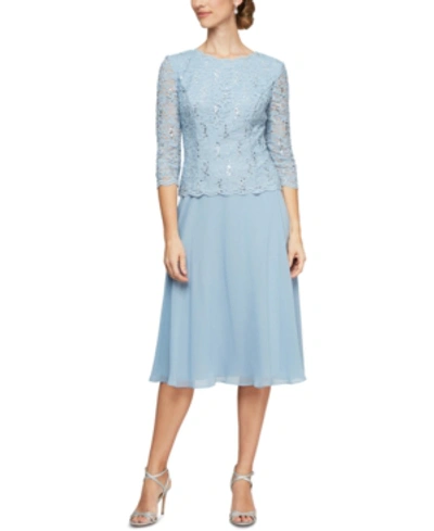 Alex Evenings Sequined Lace Contrast Dress In Sky Blue