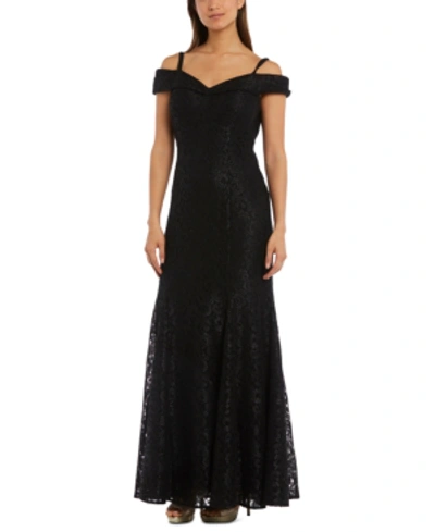 R & M Richards Off-the-shoulder Lace Gown In Navy