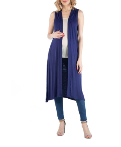 24seven Comfort Apparel Sleeveless Long Maternity Cardigan With Side Slit In Navy
