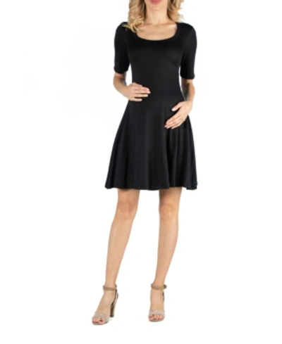24seven Comfort Apparel Knee Length Cap Sleeve Maternity Dress With Pocket Detail In Black