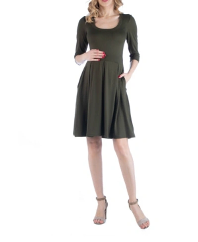 24seven Comfort Apparel Fit And Flare Scoop Neck Maternity Dress In Olive