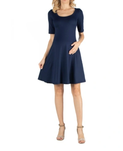 24seven Comfort Apparel A-line Knee Length Dress With Elbow Length Sleeves In Navy
