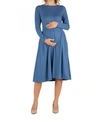 24seven Comfort Apparel Midi Length Fit And Flare Pocket Maternity Dress In Indigo