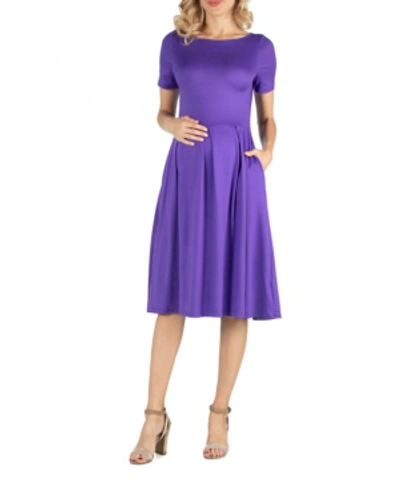 24seven Comfort Apparel Maternity Midi Dress With Short Sleeve And Pocket Detail In Lilac