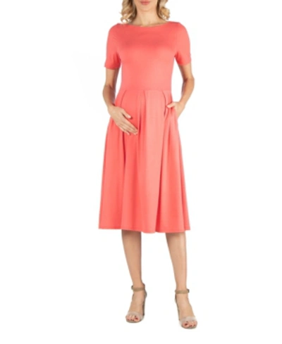 24seven Comfort Apparel Maternity Midi Dress With Short Sleeve And Pocket Detail In Coral
