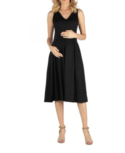 24seven Comfort Apparel Fit And Flare Sleeveless Maternity Midi Dress With Pockets In Black