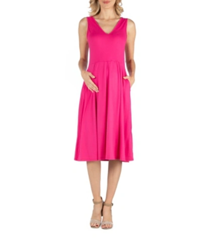 24SEVEN COMFORT APPAREL FIT AND FLARE SLEEVELESS MATERNITY MIDI DRESS WITH POCKETS
