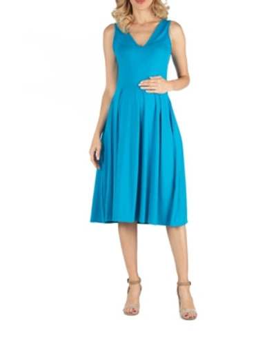 24seven Comfort Apparel Women's Fit And Flare Midi Sleeveless Dress With Pocket Detail In Blue