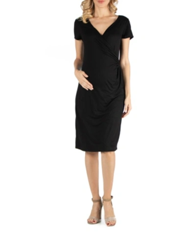 24seven Comfort Apparel Faux Wrapover Maternity Dress With Cap Sleeves In Black