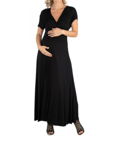24seven Comfort Apparel Cap Sleeve V Neck Maternity Maxi Dress In Black