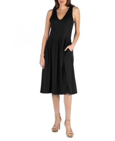 24seven Comfort Apparel Women's Fit And Flare Midi Sleeveless Dress With Pocket Detail In Black