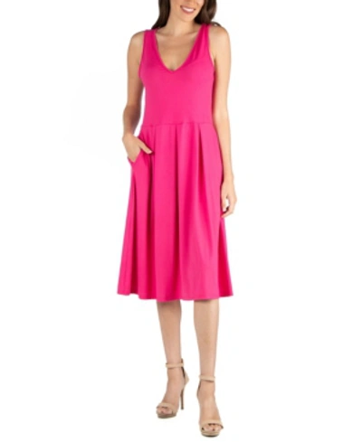 24SEVEN COMFORT APPAREL FIT AND FLARE MIDI SLEEVELESS DRESS WITH POCKET DETAIL