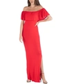24seven Comfort Apparel Off Shoulder Ruffle Detail Maternity Maxi Dress In Red
