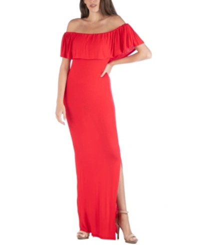 24seven Comfort Apparel Off Shoulder Ruffle Detail Maternity Maxi Dress In Red