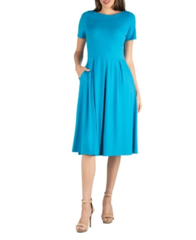 24seven Comfort Apparel Maternity Midi Dress With Short Sleeve And Pocket Detail In Blue