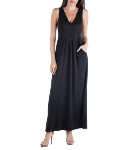 24seven Comfort Apparel V Neck Sleeveless Maternity Maxi Dress With Belt In Black