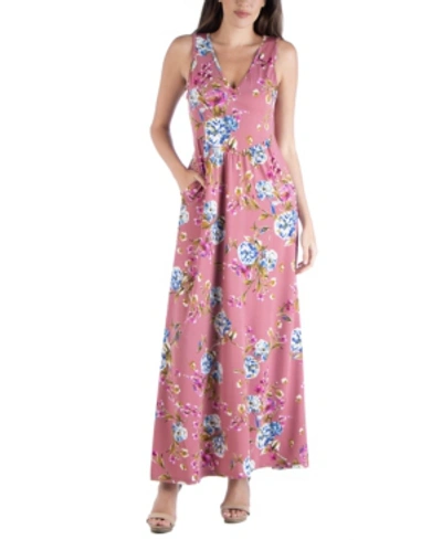 24seven Comfort Apparel Floral Sleeveless Maxi Dress With Pocket Detail In Multi