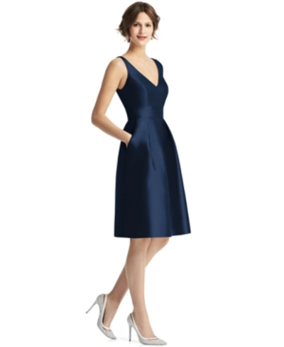 Alfred Sung V-neck Pleated Skirt Cocktail Dress With Pockets In Blue