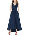 Alfred Sung V-neck Sleeveless High-low Sateen Twill Gown In Midnight Blue