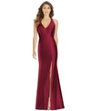 Alfred Sung V-neck Halter Satin Trumpet Gown In Burgundy Red