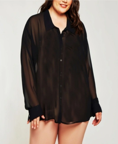 Icollection London Chiffon Button Down Boyfriend Sleep Shirt In Black