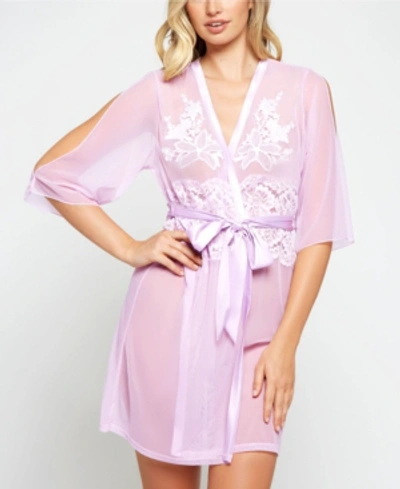 Icollection Cold Shoulder Detail With Floral Applique Mesh Robe In Purple