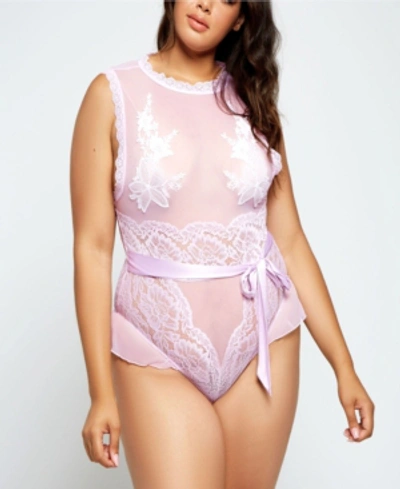 Icollection Floral Applique Lace And Mesh Bodysuit Lingerie, Online Only In Purple