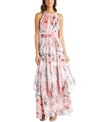 R & M Richards Floral-print Keyhole Gown In Pink Floral