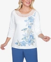 ALFRED DUNNER THREE QUARTER SLEEVE ASYMMETRIC FLORAL KNIT TOP WITH CROCHET YOKE