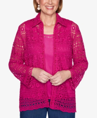 Alfred Dunner Plus Size Three Quarter Sleeve Lace Two-for-one Woven Shirt In Magenta