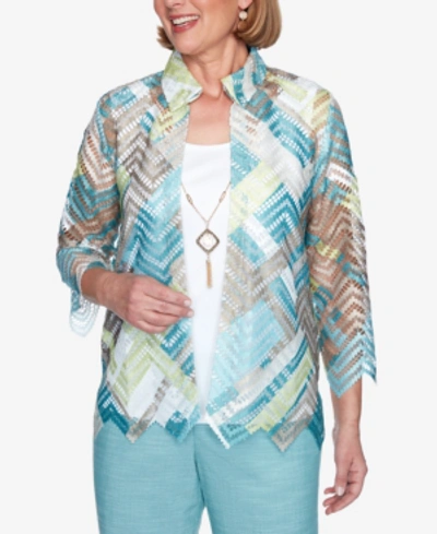 Alfred Dunner Three Quarter Sleeve Zigzag Woven Two-for-one Top With Detachable Necklace In Multi
